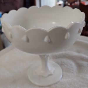 Vintage Indiana White Milk Glass Tear Drop Pedestal Bowl for Fruit or Candy.